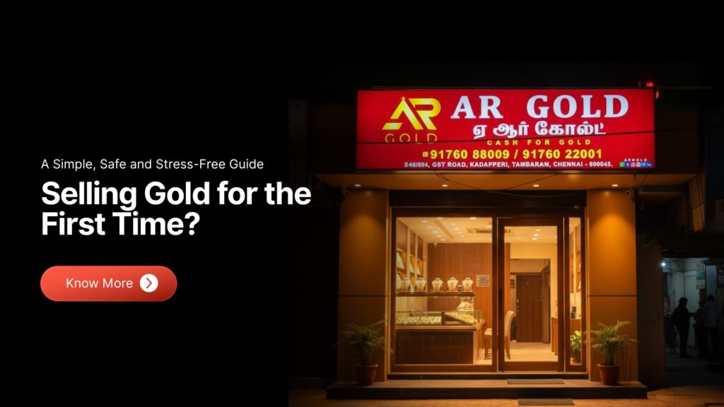 A nighttime photo of the storefront for AR Gold, a gold buying business in Chennai, India, with a red illuminated sign that reads "AR GOLD - CASH FOR GOLD" and contact details.